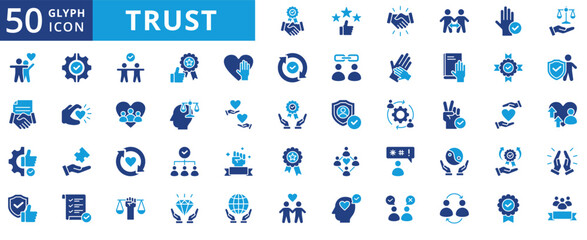 trust icon set flat contains authenticity, integrity, transparency, dependability, commitment, accountability, openness, respect, security, safety, assurance, reputation, goodwill, truth, sincerity