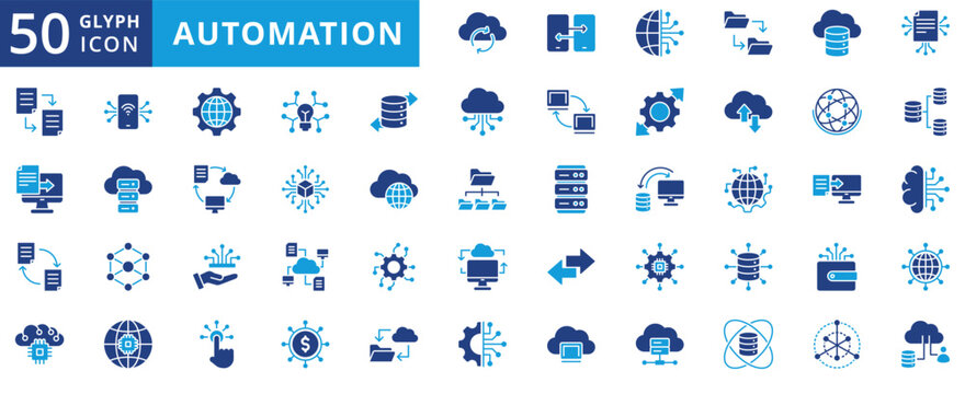 automation icon pack flat contains near communication, elastic computing, internet of things, automated reporting, digital ecosystem, content delivery, industry 4.0, ai technology adoption