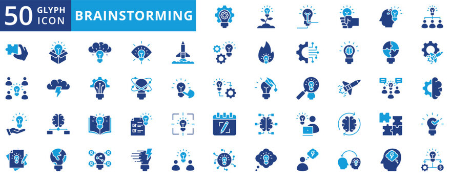 brainstorming icon pack flat contains creative work, imagination, business intelligence, idea, problem solving, innovation, discussion, knowledge transfer, sharing, thinking, machine learning