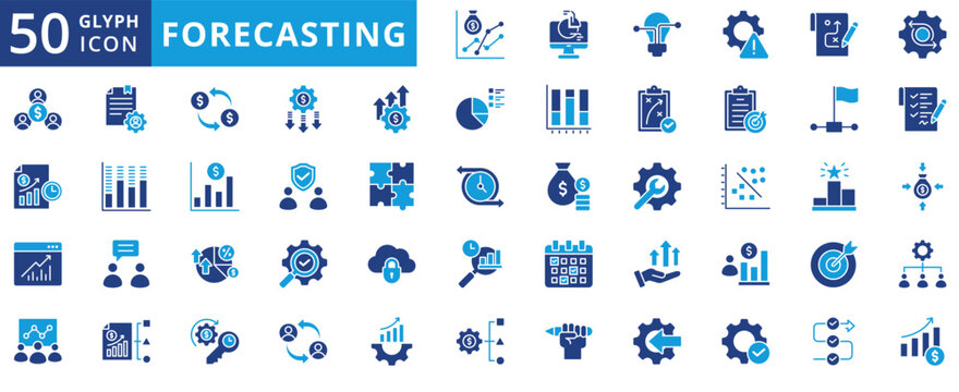 forecasting icon pack flat contains data regression, prediction, profit, projection, estimate, trend, planning, model, analysis, business process, iteration, history, benchmark, kpi, metric, report