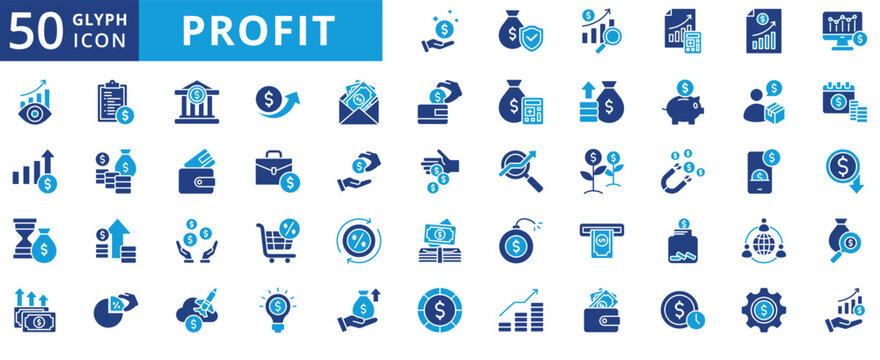 profit icon pack flat contains return on investment, capital gain, fundraising, business growth, time is money, ebitda, mobile banking, dividend, financial performance, balance, equity, cash flow