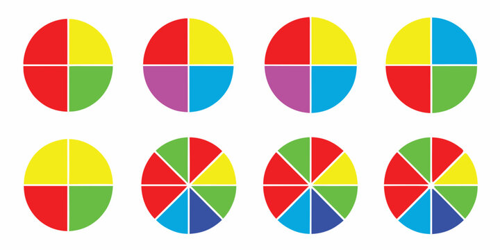 Colorful pie charts a series of circles divided into quadrants