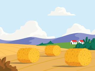 Naklejka premium Wheat field landscape after haymaking, summer countryside view