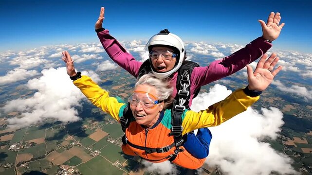 Tandem skydivers in freefall over a picturesque landscape with clouds and fields from a bird's eye view