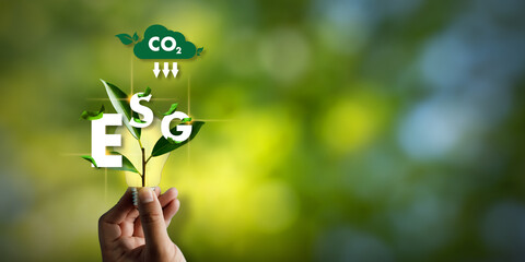 ESG environment decarbonization responsible business growth, carbon reduction, ESG sustainability disclosure, metrics communicated through a clean ESG green visual with copy space.