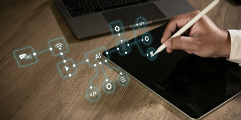 Businessman using Digital workflow automation artificial intelligence integrating software, document management online documentation database processing system doc sharing