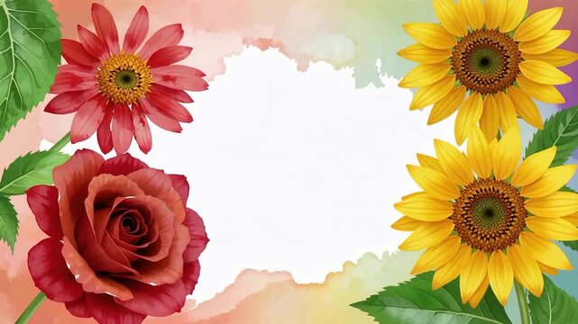 Colorful Floral Border Frame With Roses And Sunflowers.
