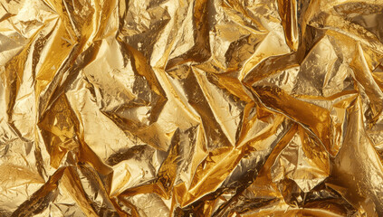 Gold foil crumpled texture with reflective metallic surface and warm highlights
