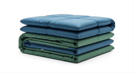 Folded padded sleep mat in vibrant blue and green hues, neatly stacked and isolated on a pristine white background