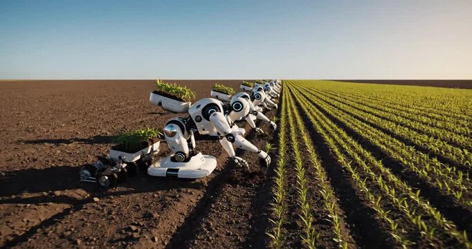 Futuristic robots tending to rows of crops in a vast agricultural field under clear skies