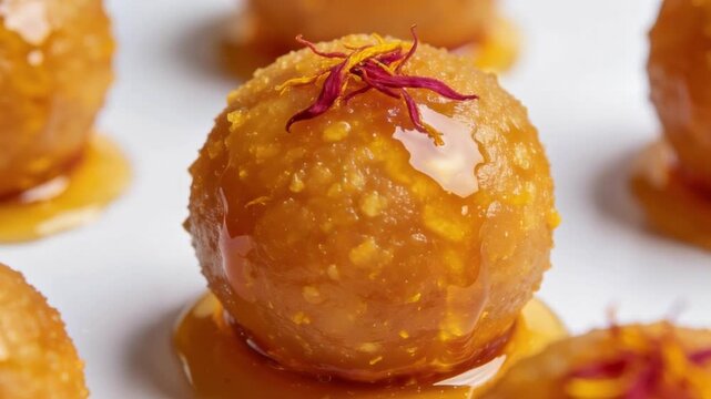 Sweet golden Sohan Laddu round ball soaked in saffron syrup isolated on white background featuring rich grainy texture and sweet taste
