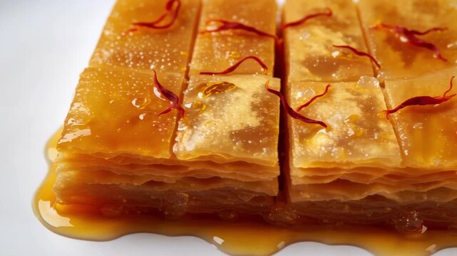 Flaky golden Sohan Papdi sweet treat soaked in saffron syrup isolated on white background highlighting rich layered texture and fiber