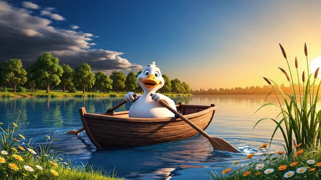 A cartoon duck rows a wooden boat on a serene lake at sunrise surrounded by lush greenery and vibrant flowers