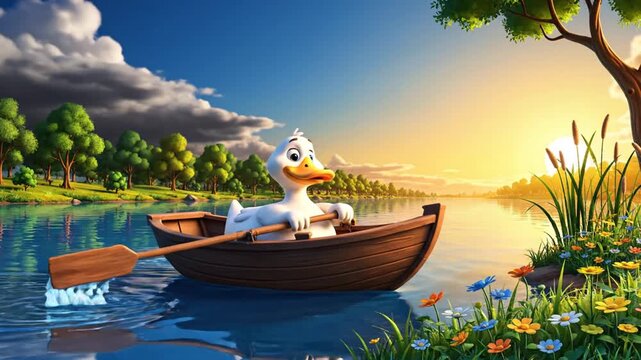 A duck rows a wooden boat on a serene lake at sunrise from a picturesque viewpoint