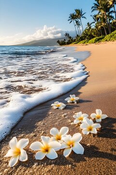 White Plumeria Flowers on Sandy Beach with Ocean Waves