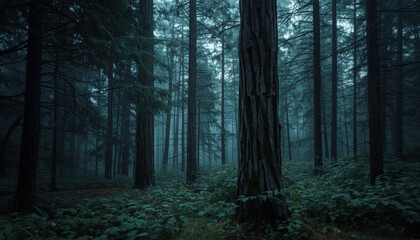 Fototapeta premium Deep forest towering tree trunk textured bark layered vegetation cool misty atmosphere