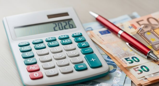 Financial planning with calculator and euro banknotes