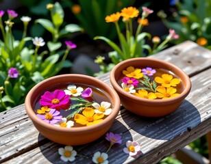 Rustic Clay Bowls Herbal Infusion Sunlit Garden