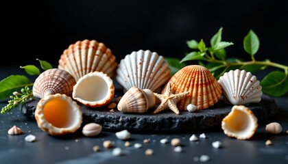 Vibrant Seashell Arrangement Dark Stone with Green Foliage