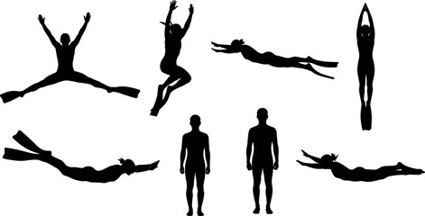 Scuba Diving And Swimming Silhouettes Set Vector Illustration Of Men And Women With Flippers Jumping And Swimming Underwater Isolated On White © MDBABUL