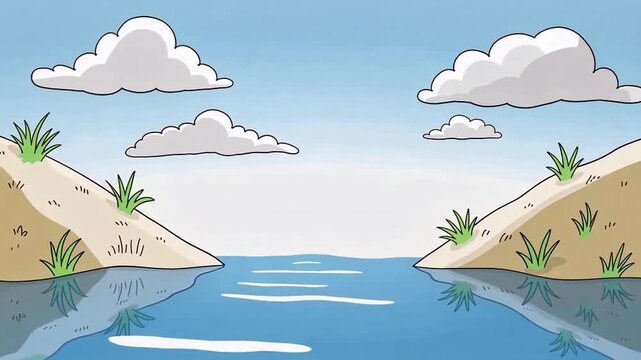 Cartoon Landscape Scene of a Calm River Between Hills.