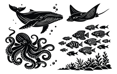 Fototapeta premium Line art sea creatures set featuring a whale, octopus, manta ray, and fish for underwater design
