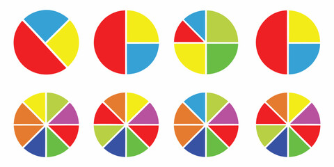 Fototapeta premium Colorful pie charts displaying various segmentations and color combinations