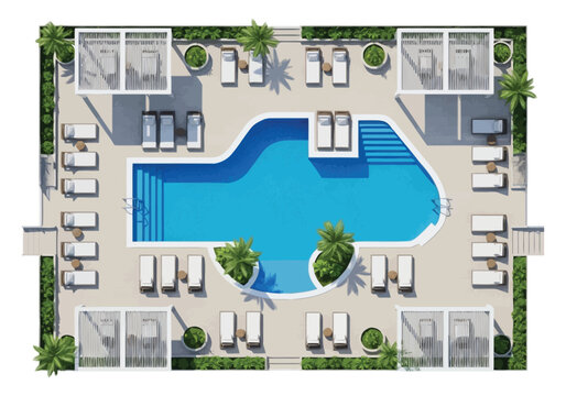 Aerial view of a resort pool area with lounge chairs cabanas and palm trees providing luxury vacation relaxation and outdoor leisure amenities