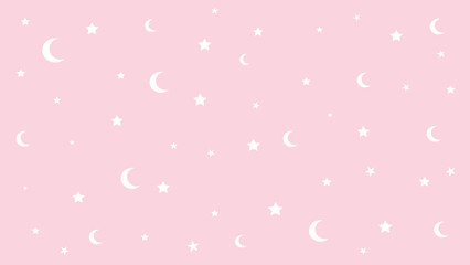 Cute Pink Night Sky Vector Background with White Moons and Stars for Baby Nursery and Dreamy Illustration