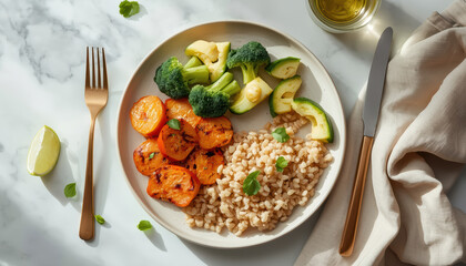 Grilled sweet potato, steamed broccoli, avocado and whole grain rice on balanced plate