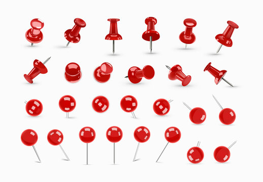 Push Pin Clipart Set, Red Thumbtack Pin Icons for Map Locations & Bulletin Boards