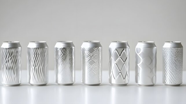 A row of seven aluminum beverage cans are displayed with different embossed geometric patterns on their surfaces, set against a neutral background for design mockups.