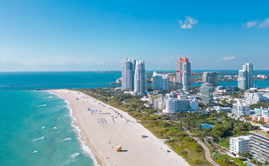 Miami Beach skyline. Miami seaside with turquoise ocean and sky. Famous oceanfront of Miami. Miami shoreline.