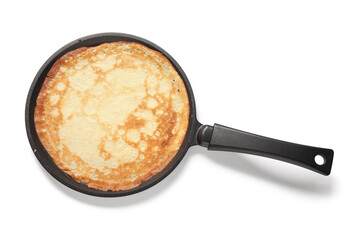 Frying pan with tasty thin pancake on white background