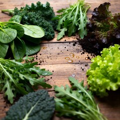 A variety of fresh leafy greens arranged on a rustic wooden surface. The assortment includes spinach , kale, arugula, and different lettuce varieties. © Pornrapat
