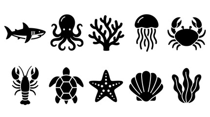 Silhouette collection of underwater marine life icons featuring fish, octopus, coral, jellyfish, crab, lobster, turtle, starfish, shell and sea anemone silhouettes.