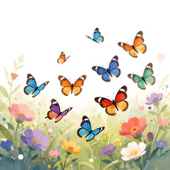 Naklejka premium Whimsical watercolor illustration of colorful butterflies flying over a flower meadow