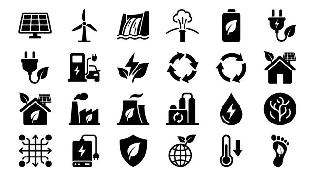 Comprehensive collection of eco-friendly icons illustrating solar energy, wind power, recycling, sustainable living, and green technology for environmental awareness and energy efficiency