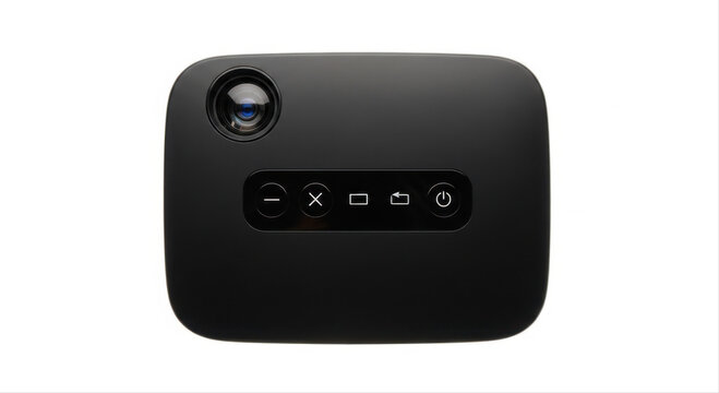 Compact black mini projector with sleek design isolated on a white background, showcasing control buttons and lens in a minimalist style