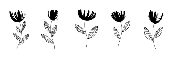 Fototapeta premium Flowers minimalist ink brush set with six black floral silhouettes and outlined leaves, modern botanical doodles for logo, branding, invitations, and wall art