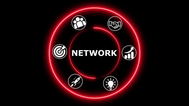 Red color Neon Circle With Network Iconography Representing Connectivity On black Background connection technology. 4k video motion graphic