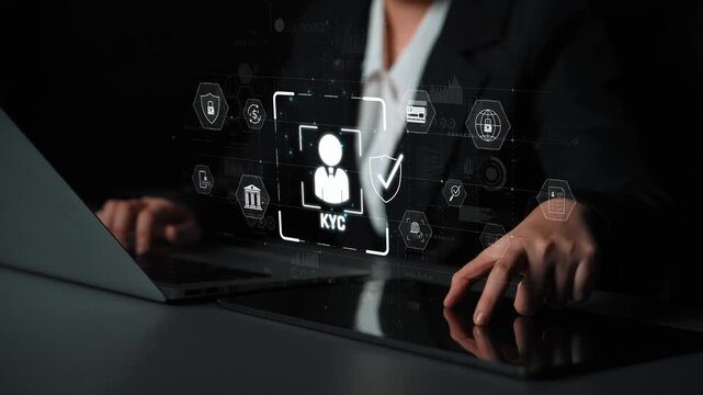 Digital KYC verification with biometric scan, ID authentication, and financial security icons representing identity verification, secure onboarding, fraud prevention, and compliance Marrow