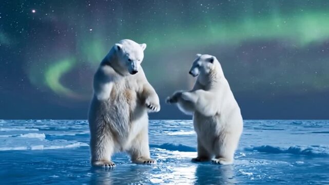 Two majestic polar bears playfully stand on glistening ice under the mesmerizing glow of the aurora borealis, creating a stunning arctic dance in the wild