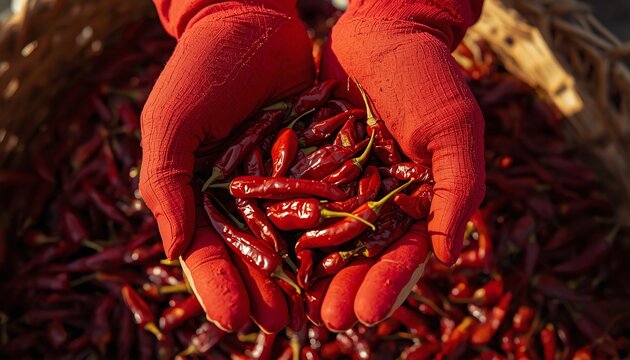 Hands Wearing Garden Gloves picking Red Chilies (Lal Mirch)