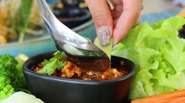 Close Up of Dipping Fresh Celery into Spicy Chili Meat Sauce