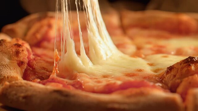 A mozzarella cheese pizza being pulled apart to reveal the melted cheese strings in a close-up view