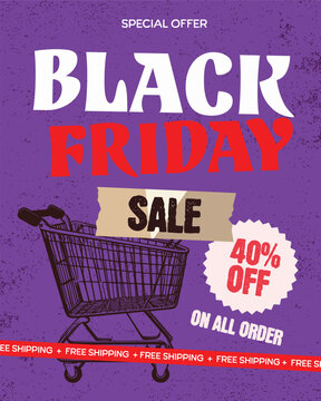 Black Friday Sale with Shopping Cart and 40% Off Discount Purple Background