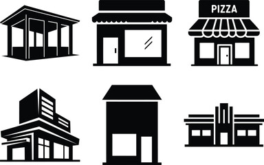 A collection of black and white storefronts and buildings