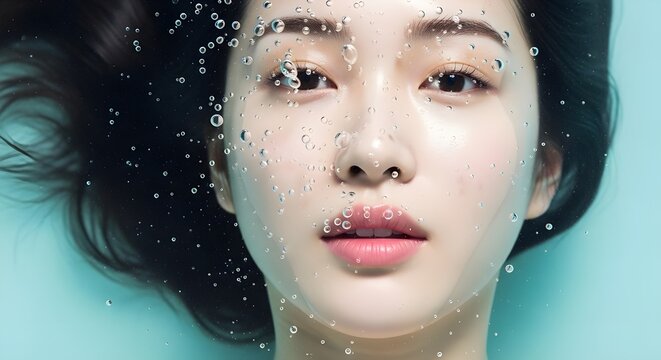 水中に浮かぶ若いアジア人女性の顔のクローズアップ。透明な水滴が肌と髪に付着し、澄んだ水色の背景が清潔感とリフレッシュ感を強調しています。彼女の黒い髪は水中で広がり、柔らかな光が顔を照らしています。