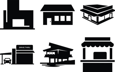Black and white icons of various buildings and shops